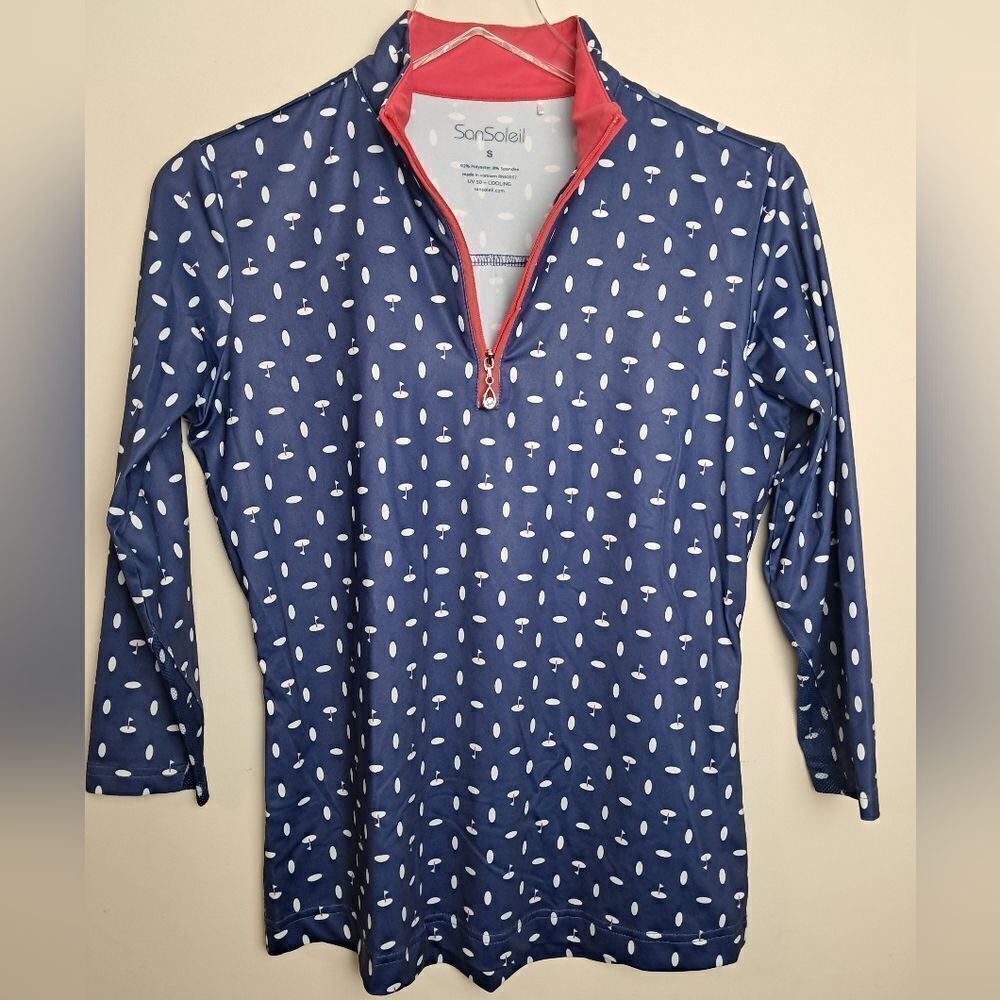 SanSoleil SOLCOOL ZIP MOCK. PUTT ABOVE Golf Print NAVY Small